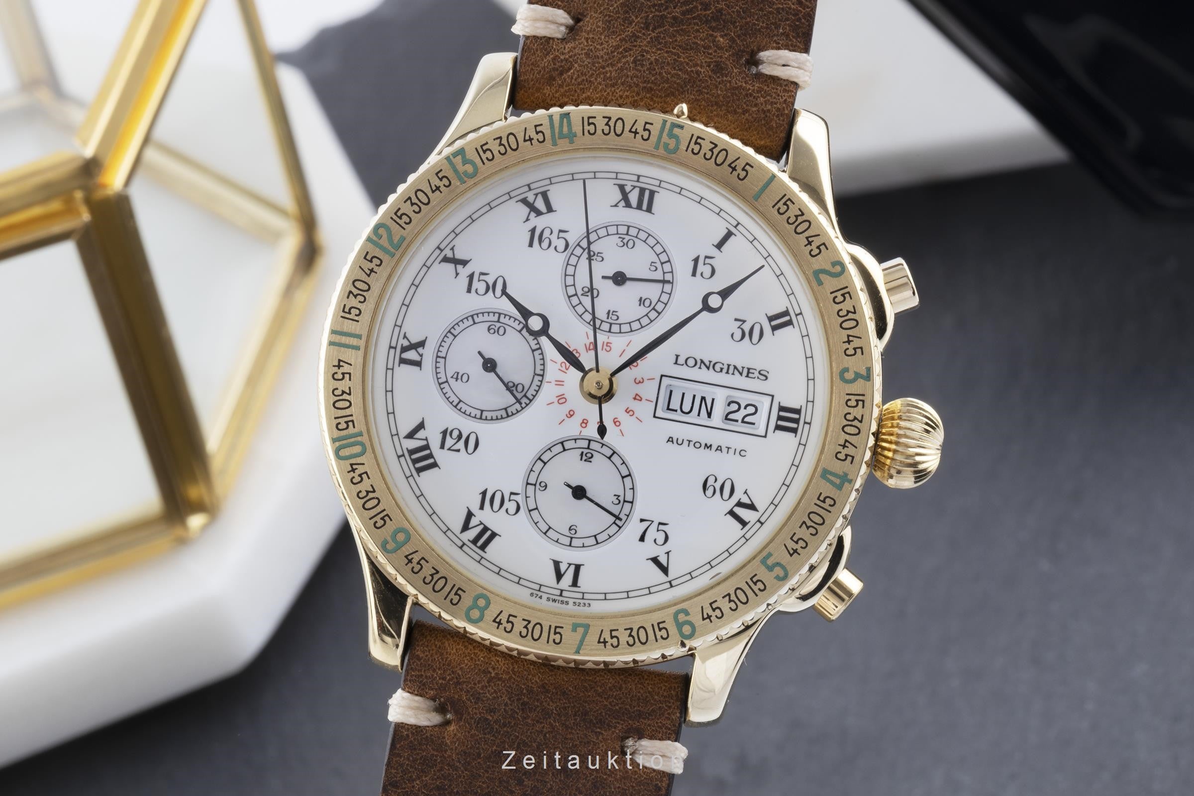 Longines Lindbergh chronograph 18 ct gold automatic Kal. L.674.4