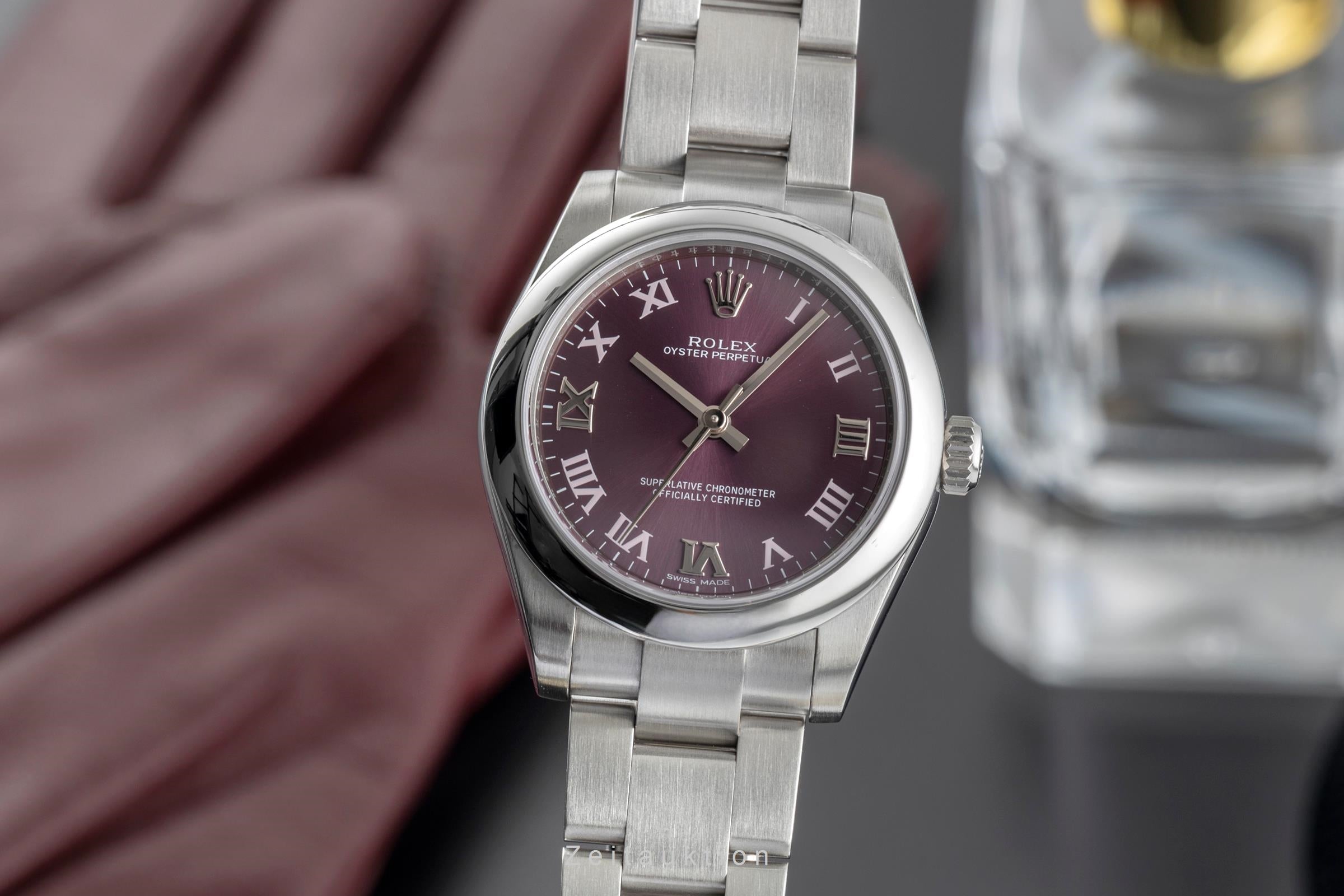 Rolex Oyster Perpetual 31 "Red Crape" Automatik Stahl Damenuhr Ref. 177200 B&P [2500885]