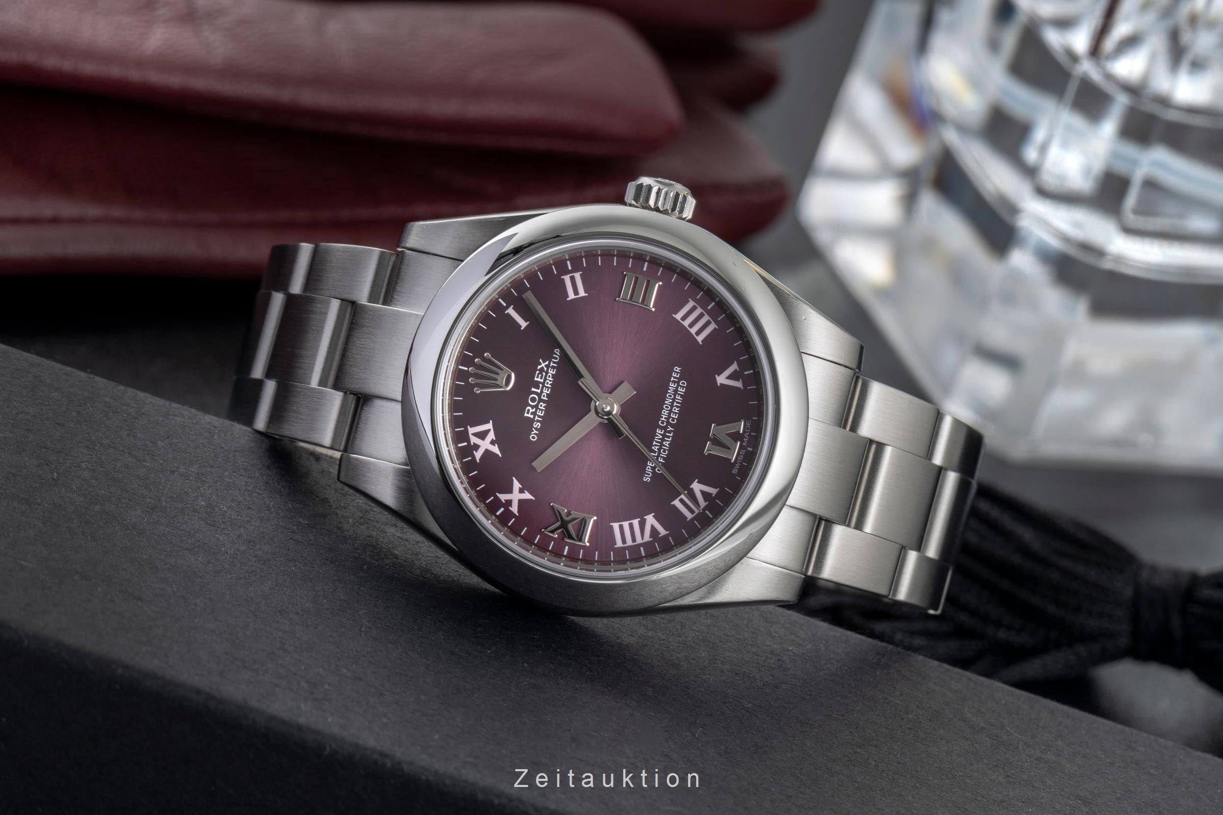 Rolex Oyster Perpetual 31 "Red Crape" Automatik Stahl Damenuhr Ref. 177200 B&P [2500885]