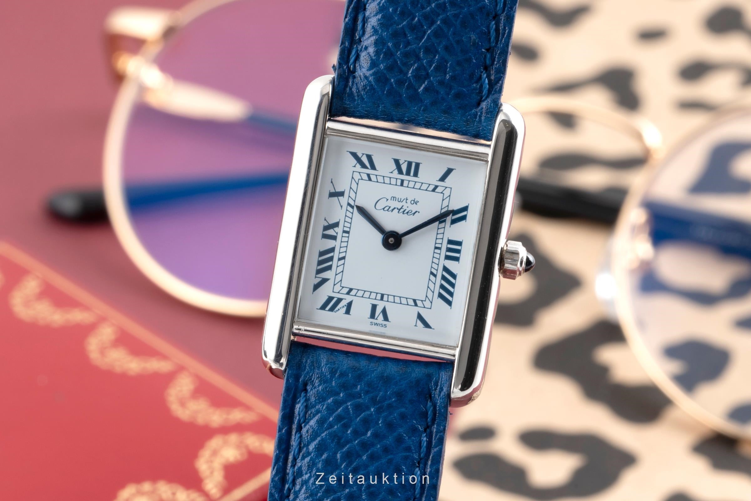 Cartier must Tank SM "White Blue Roman" 925 Silber Quarz Damenuhr Ref. 666001  [2504265]