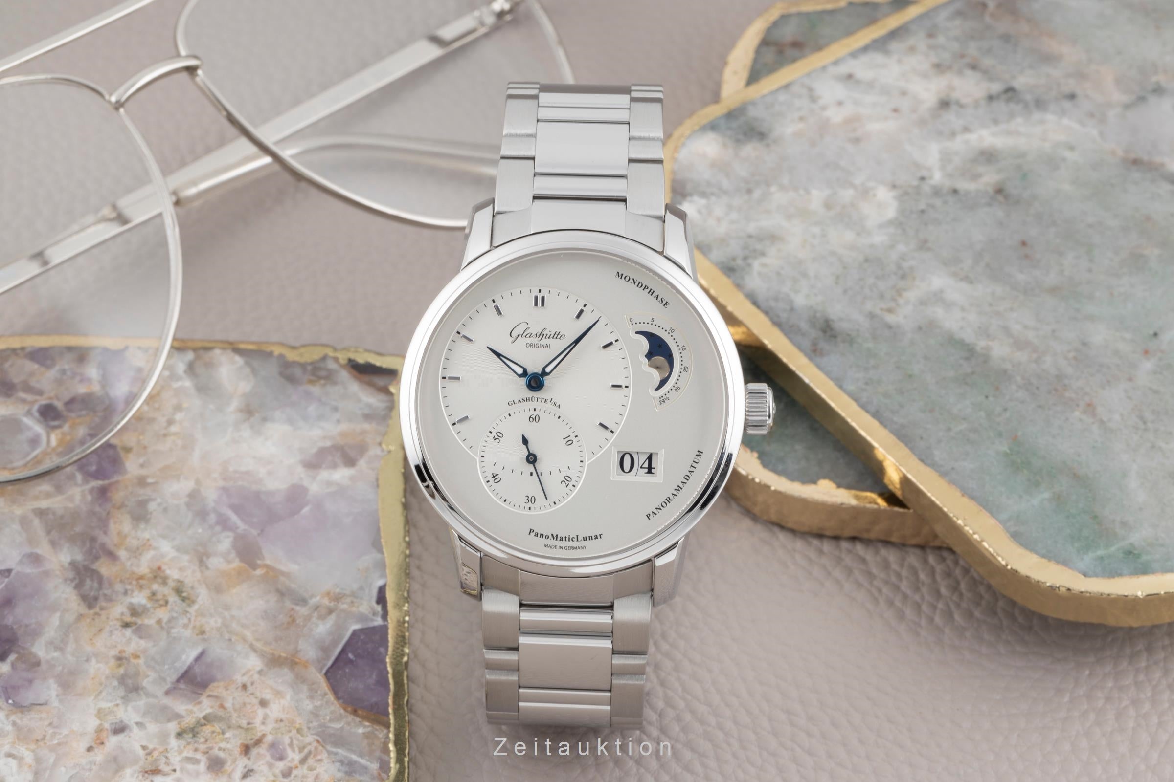 Glashütte PanoMaticLunar Stahl Automatik Herrenuhr Ref. 90.02.42.32.24 B&P 2014 [2504315]