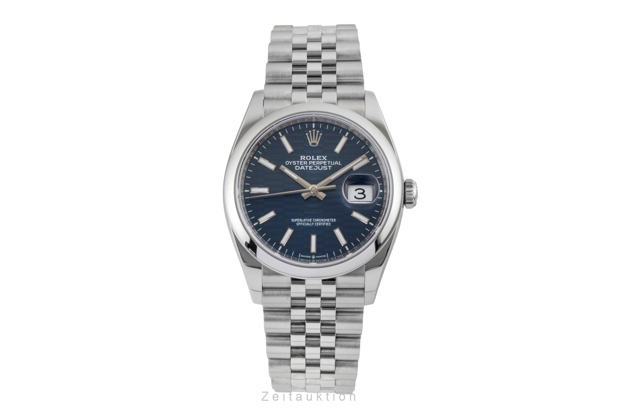 Rolex Datejust 36 Blue Motif Dial Oyster Stahl Automatik Ref. 126200 B&P 2023 [2600780]