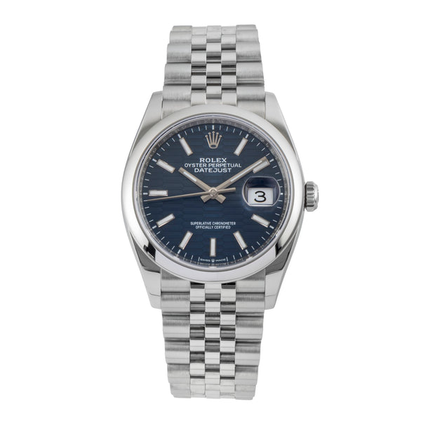 Rolex Datejust 36 Blue Motif Dial Oyster Stahl Automatik Ref. 126200 B&P 2023 [2600780]