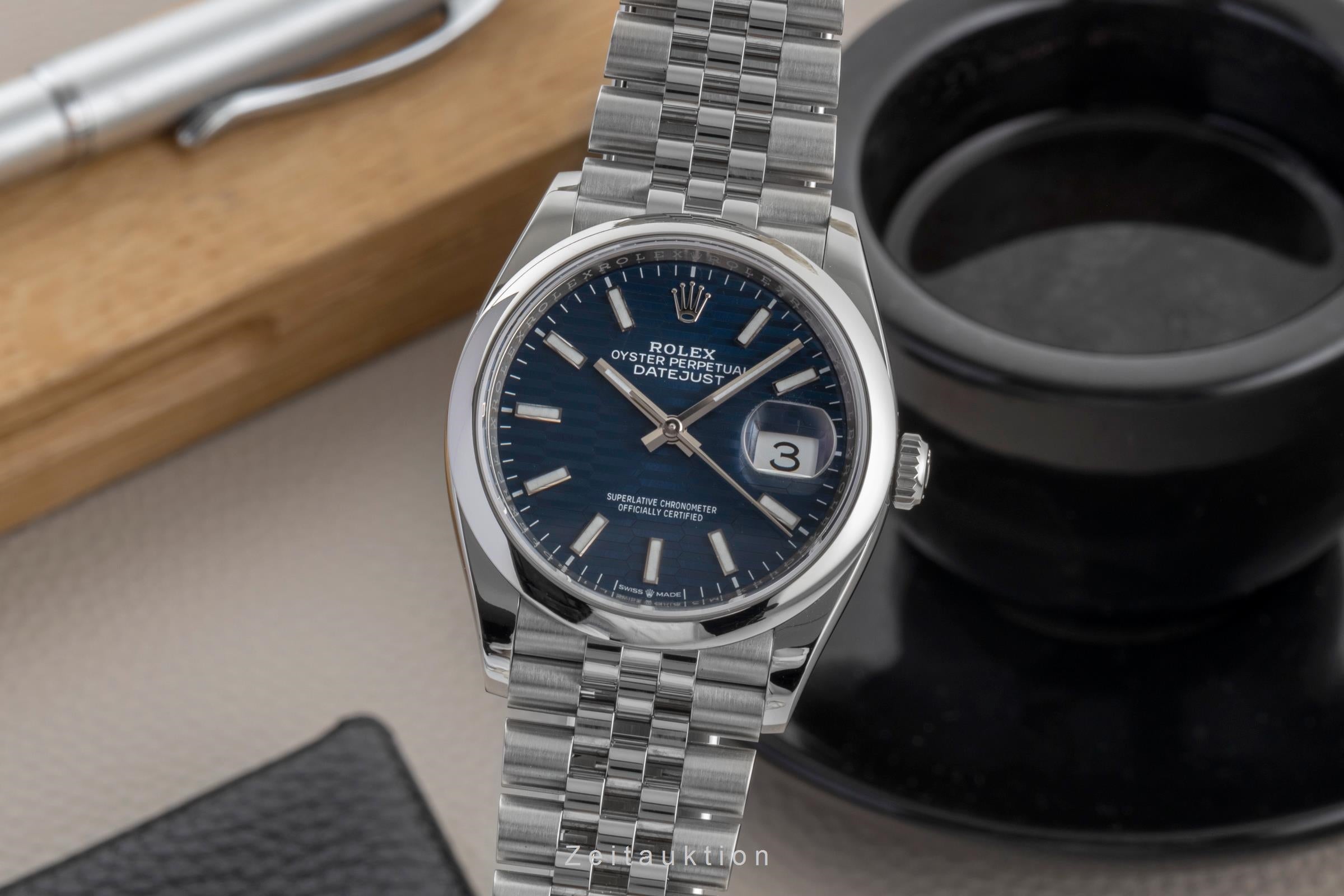Rolex Datejust 36 Blue Motif Dial Oyster Stahl Automatik Ref. 126200 B&P 2023 [2600780]