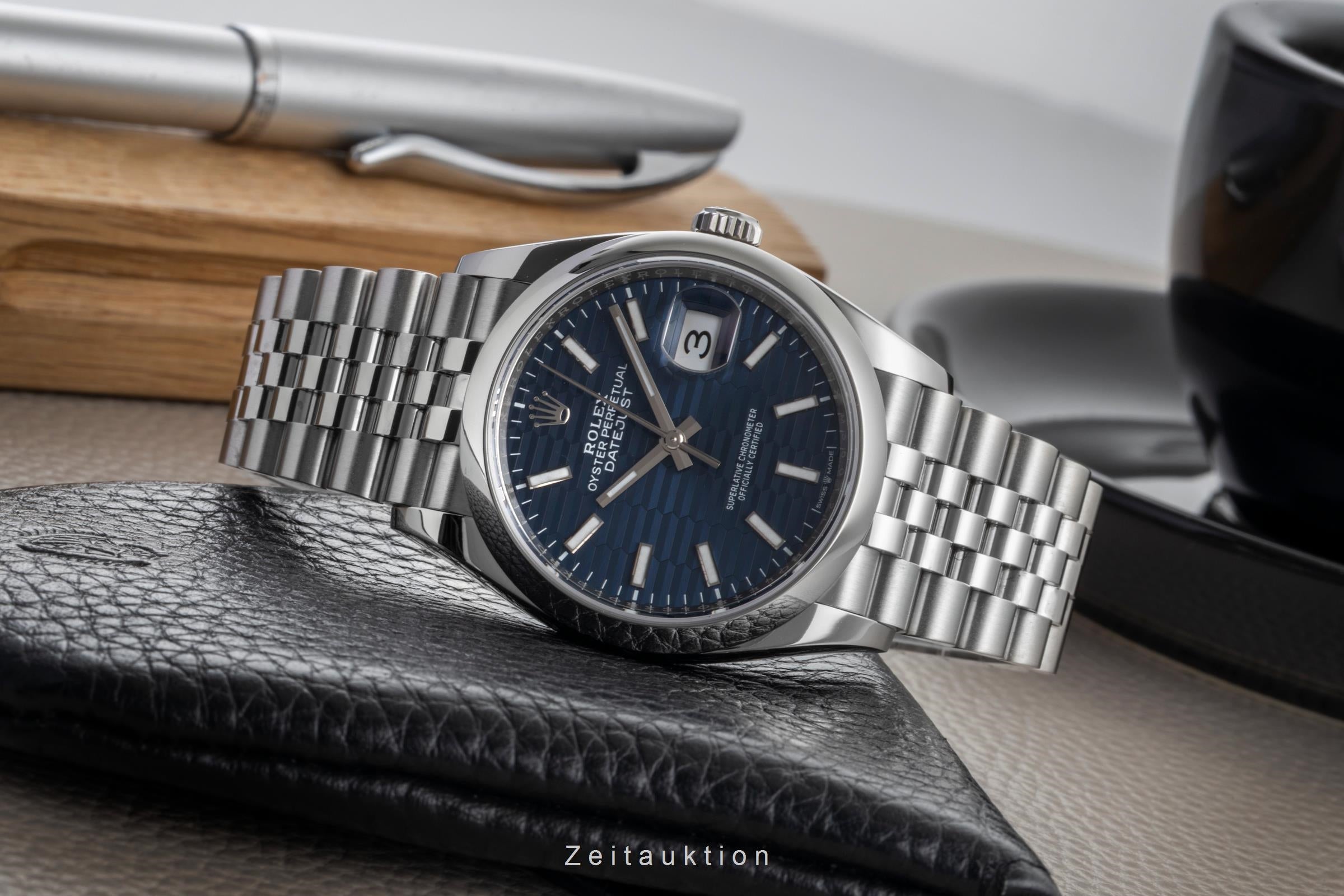 Rolex Datejust 36 Blue Motif Dial Oyster Stahl Automatik Ref. 126200 B&P 2023 [2600780]