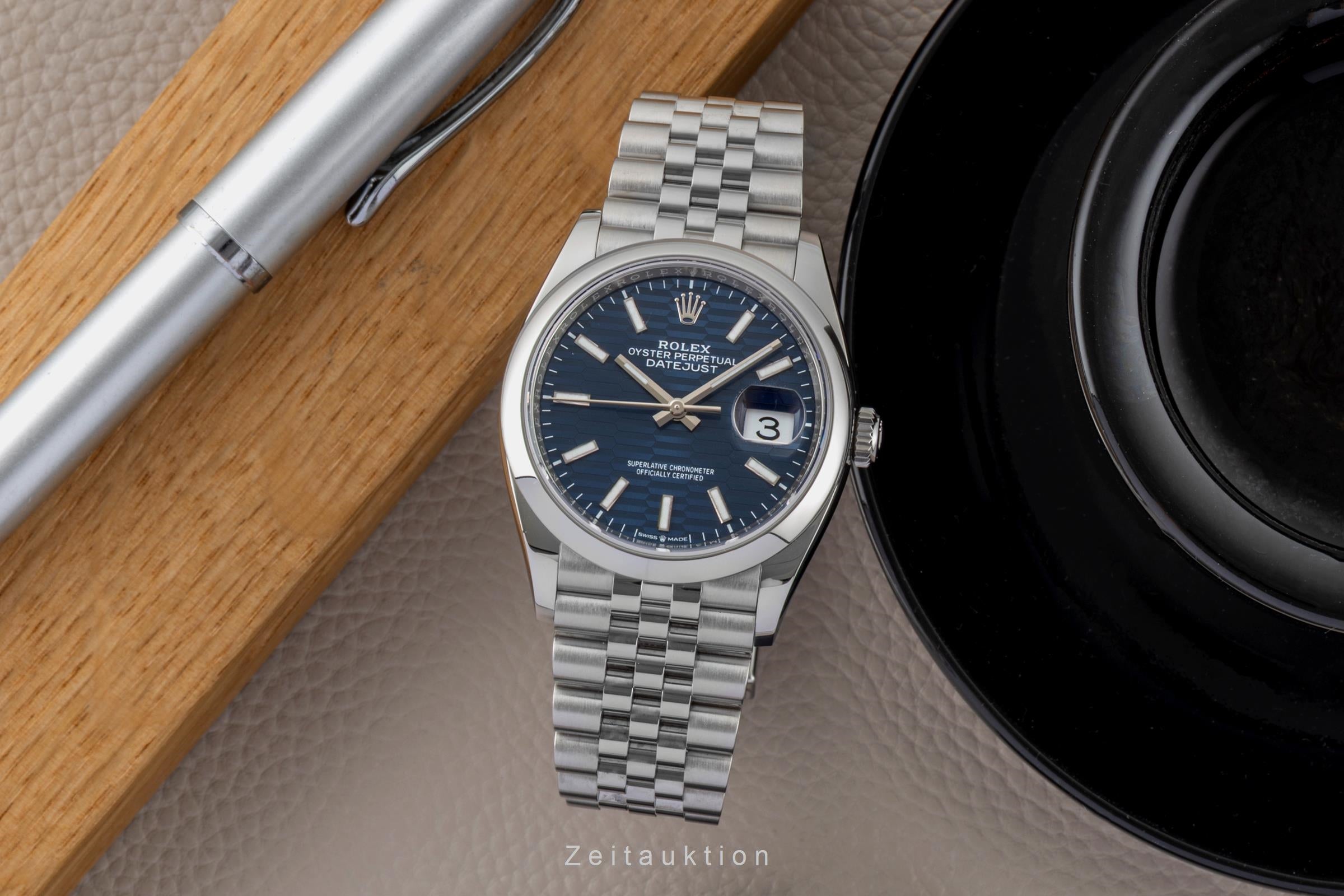 Rolex Datejust 36 Blue Motif Dial Oyster Stahl Automatik Ref. 126200 B&P 2023 [2600780]