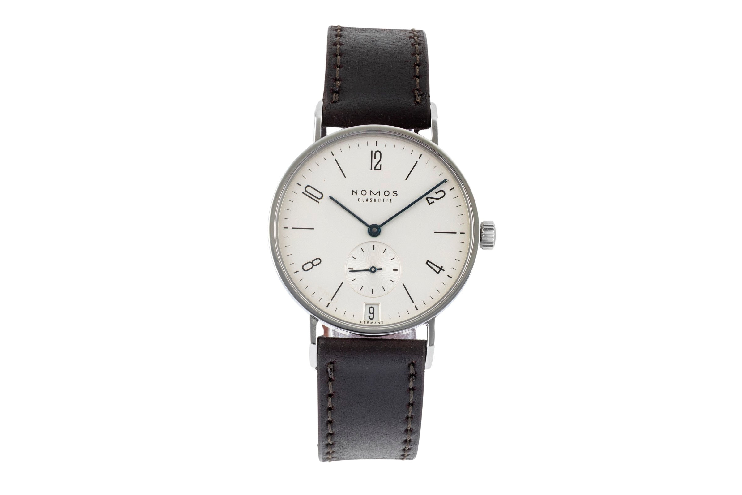 Nomos Glashütte Tangente Datum Stahl Handaufzug Herrenuhr Ref. 107 B&P 2008 [2603914]
