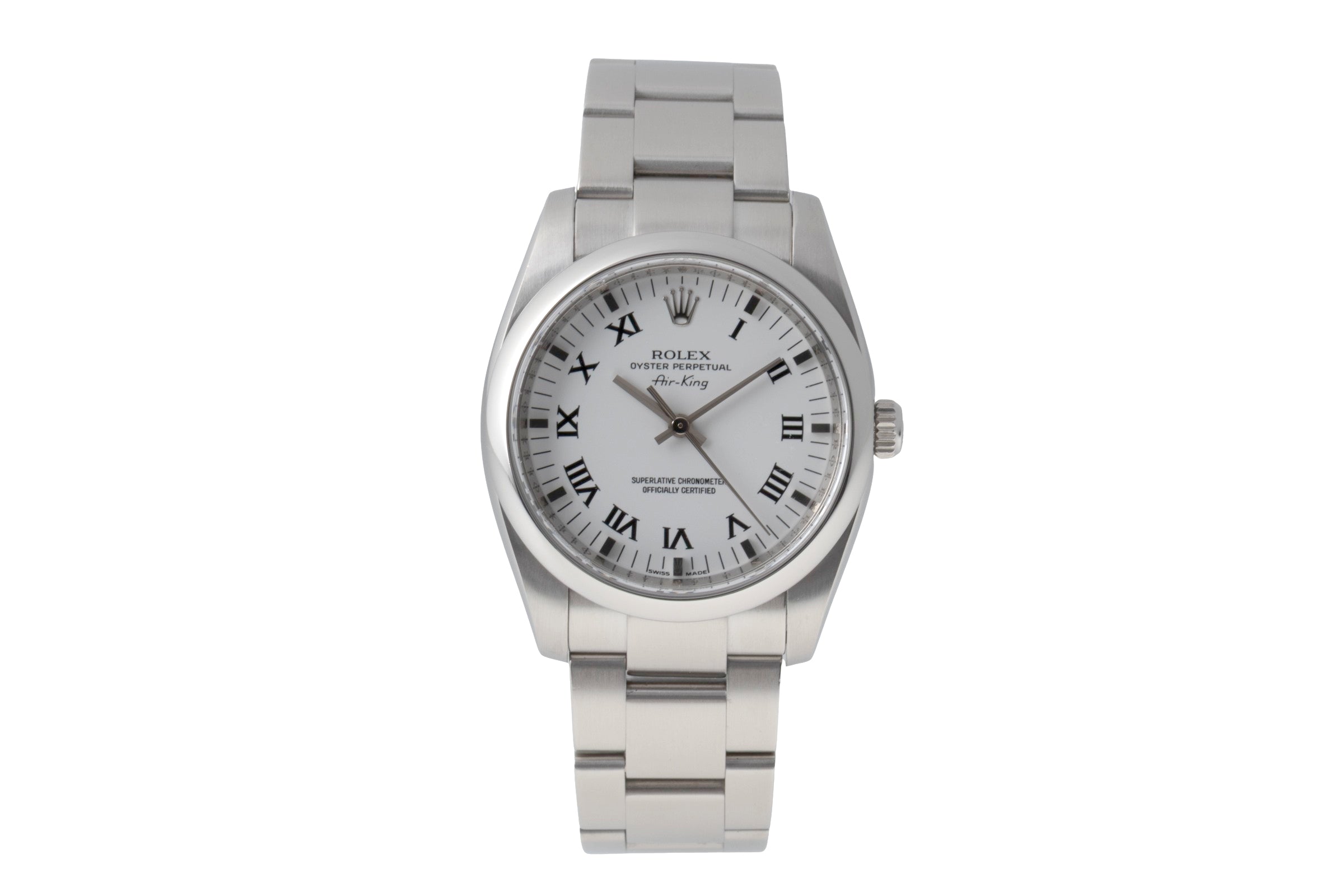 Rolex Air King 34 White Roman Dial Stahl Automatik Herrenuhr Ref 114200 B&P 2011 [2604233]