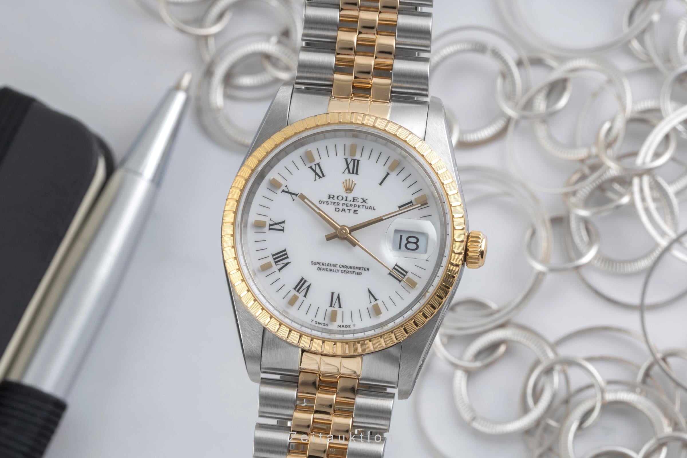 Rolex Date 34 White Roman Edelstahl / Gold Automatik Herrenuhr Ref 15223 E-Serie [2604352]