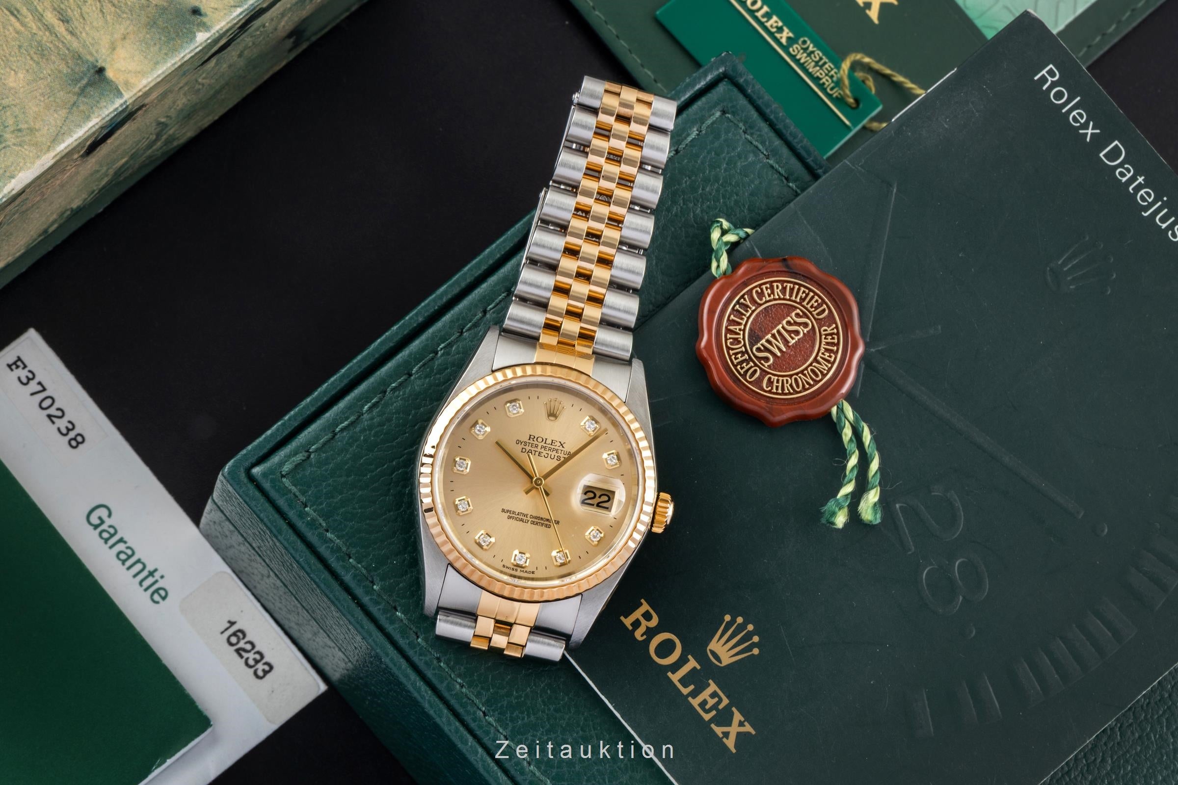Rolex Datejust 36 Diamond Dial Stahl Gold Automatik Herrenuhr Ref 16233 B&P 2004 [2604498]